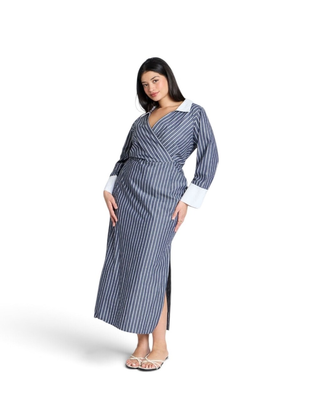 Eloquii Striped Midi Shirt Dress In Blue And White Stripe Cotto Size 14